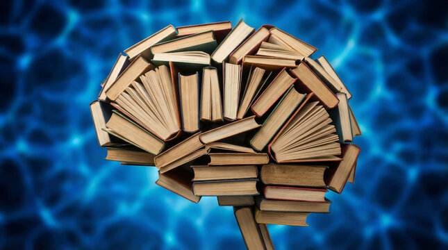 A brain made of stacked books sits against a blue background. This scene highlights the link between reading and knowledge. It represents education, creativity, and learning