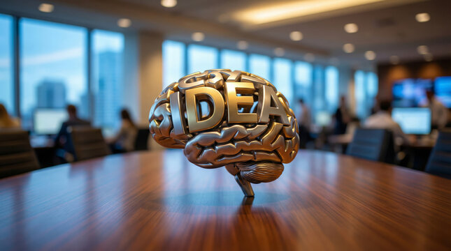 A metallic brain sculpture with the word idea stands on a wooden desk. The background shows an office with people working. This illustrates inspiration and creativity in business
