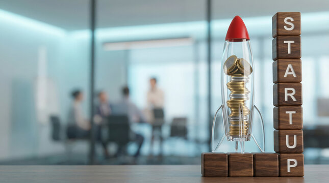 A rocket model filled with coins stands next to wooden blocks spelling startup. Businesspeople discuss strategies in a modern office space. This scene captures entrepreneurial ambition
