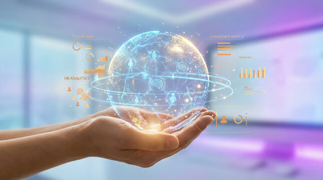 Hands support a digital globe that displays global connections, symbolizing teamwork, diversity, and unity. The focus is on collaboration in a corporate environment