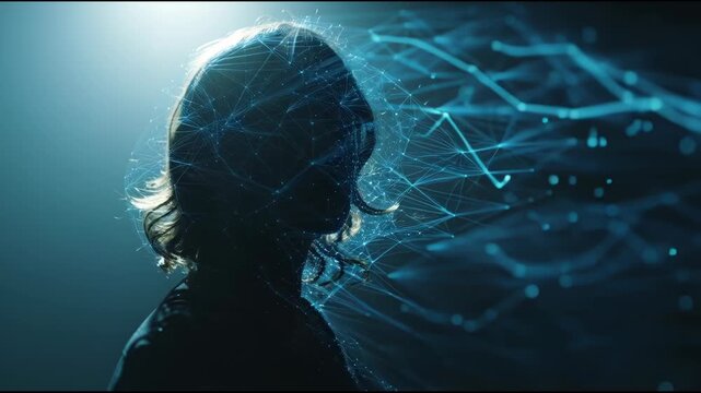 Silhouette of a person with glowing digital network connections emanating from their head, representing AI and technology.