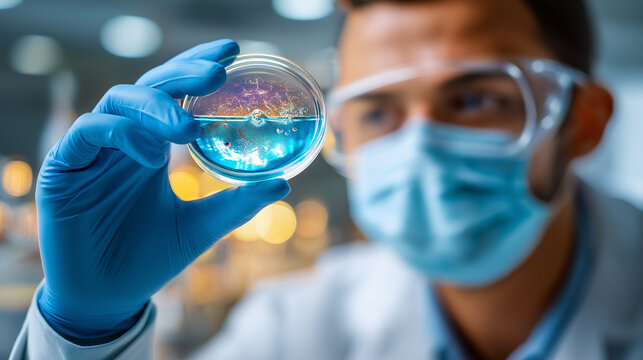 Scientist in lab coat and mask examining petri dish, faceless researcher, blue virus culture observation, microbiology investigation, defocused laboratory equipment, with copy spac