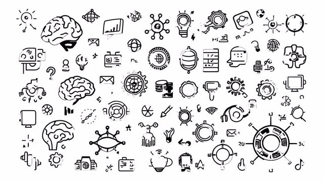 AI for problem solving data analysis doodle icon pack. Hand-drawn animated elements. 4K loop with alpha channel.