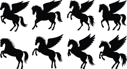 Obraz premium Collection of winged horse silhouettes in flying and rearing poses, isolated on white background, mythical pegasus fantasy creature illustration set