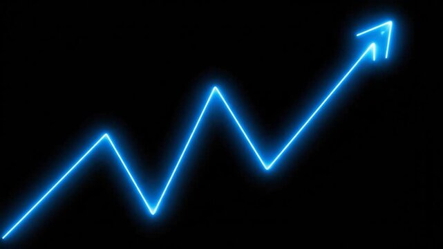 Bright, glowing blue neon line zig-zags across a black background, suggesting data or progress