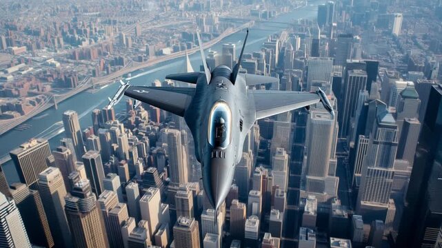 F-16 fighter jet flying over a large city with dense urban buildings and bridges. Top view highlighting air defense capabilities. Copy space available.