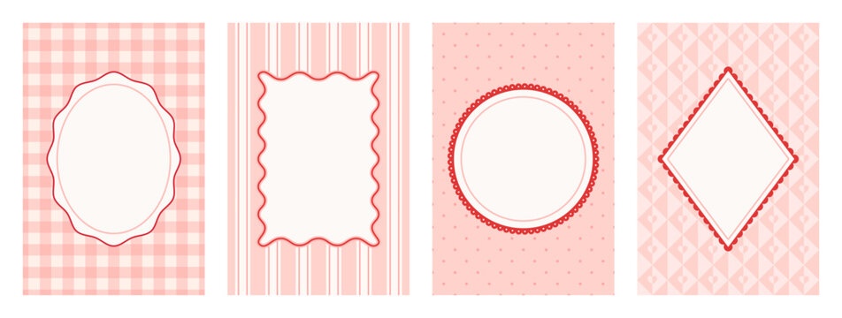 Set of Coquette vintage wavy and scallop frames on pink seamless pattern backgrounds. Valentine's Day cute greeting card collection with whimsical edges border. Vector illustration