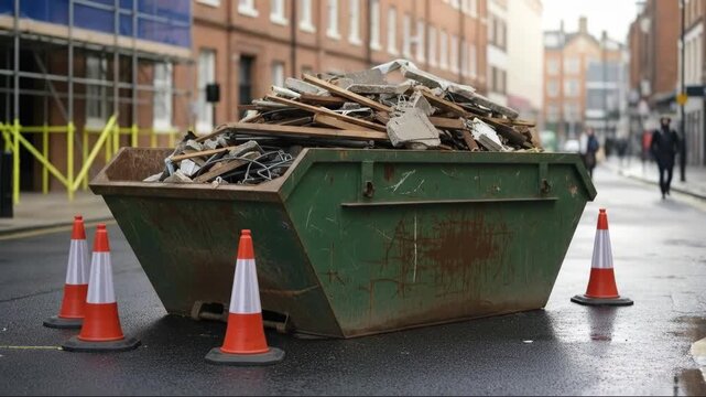 Urban debris disposal: timelapse of construction waste in a city skips bin