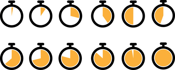 Stopwatch timer clock icons set with different time countdown and downtime