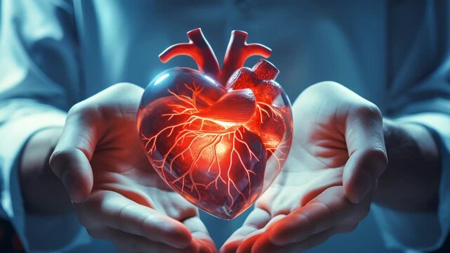 The hands of a cardiologist hold a glowing human heart on a blue background with a cardiogram. cardiovascular disease concept	
