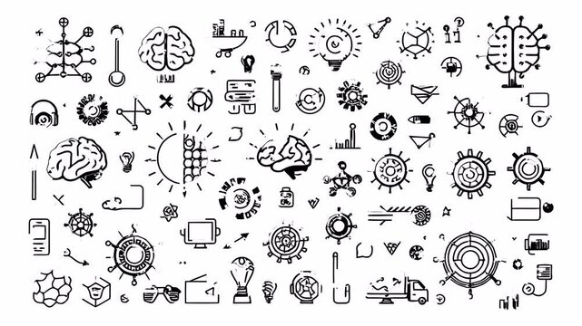 AI for business office work doodle icon pack. Hand-drawn animated elements. 4K loop with alpha channel.