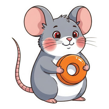 Cartoon mouse holding donut isolated on transparent background