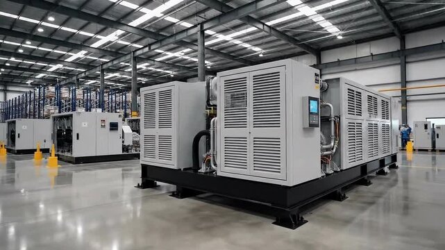 Industrial diesel generator in a warehouse with a control panel