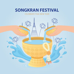 Thai Songkran Festival Celebration with Traditional Water Pouring Ceremony and Lotus Flowers Vector Illustration