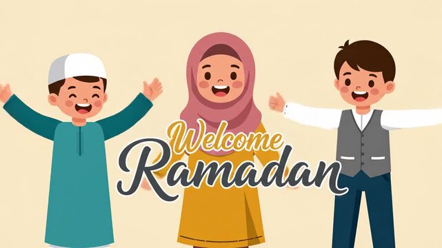Joyful Muslim children celebrating. A girl in a hijab stands between two boys, one waving and the other jumping excitedly. Perfect for educational content or holiday promotions.
