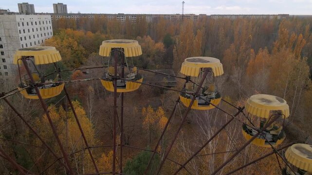 Aerial view of abandoned Ferris wheel in the Chernobyl amusement park of the Pripyat exclusion zone, Ukraine