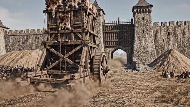 Rolling wooden siege tower. A massive wooden siege tower rolls across the ground toward a fortress gate, filling the frame with raw medieval engineering.