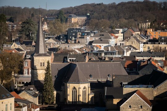 rooftop view of Mariakapel chapel in center of Valkenburg in Dutch South Limburg, the Netherlands. landmark historic religious building 