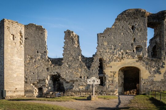 wooden pillory stocks in ruins of Dutch middle ages hilltop Castle Valkenburg aan de Geul, Limburg, the Netherlands. Historic landmark monument popular tourist educational attraction for sightseeing