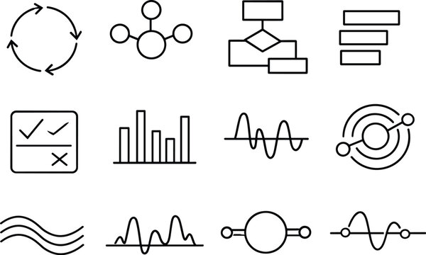 Line style vector icons of artificial intelligence productivity tools: cycle tile, cycle node, flow node, interval bar, feedback