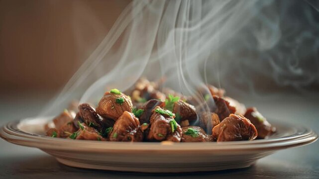 Steaming plate with chicken gizzards and herbs