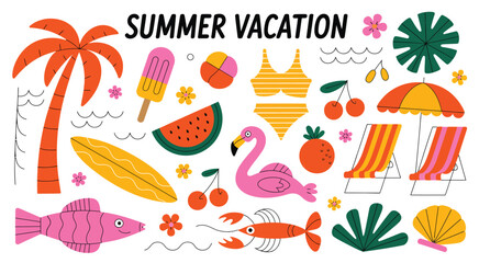 Obraz premium Summer Sea Vacation Vibes Vector Sticker Elements Set Featuring Tropical Aesthetic Holiday Themes, Cute Groovy Funky Cartoon Illustrations of Ocean Beach Activities, Drinks, and Exotic Plants