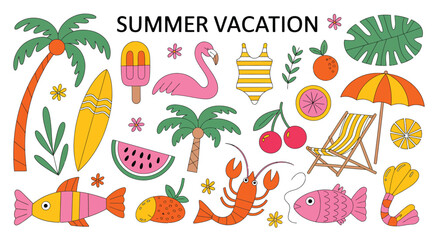 Obraz premium Summer Sea Vacation Vibes Vector Sticker Elements Set Featuring Tropical Aesthetic Holiday Themes, Cute Groovy Funky Cartoon Illustrations of Ocean Beach Activities, Drinks, and Exotic Plants