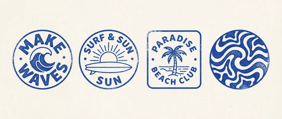 A collection of four vintage-style blue and white surf and beach themed graphic designs, including waves, surfboards, sun, palm trees, and abstract patterns. © simohamed