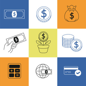 Hand drawn minimal money icon set in flat outline style on a color background. Collection of financial vector symbols of coins, banknotes, savings, investment, payment etc. Global finance concepts. Li