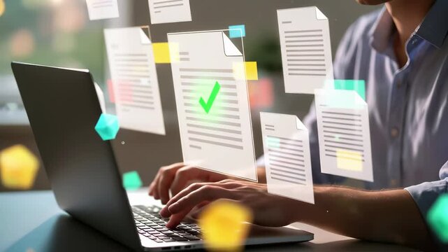 Professional using laptop with virtual documents and checkmarks overlay. Digital document management system with approval verification icons. Office workflow automation with file organization, task