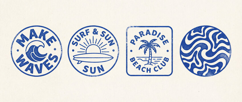 A collection of four vintage-style blue and white surf and beach themed graphic designs, including waves, surfboards, sun, palm trees, and abstract patterns.
