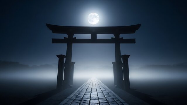 Mystical torii gate under moonlight
