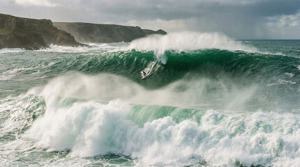 Naklejka premium A lone surfer skillfully rides a massive, powerful green wave crashing near rugged cliffs under a dramatic cloudy sky.