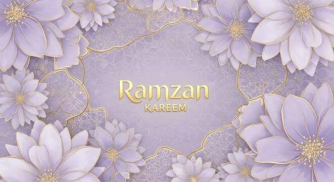 Elegant digital greeting card design features soft lavender flowers framing a central golden inscription wishing everyone a blessed and peaceful Ramzan Kareem celebration.