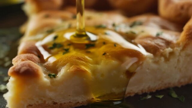 Cinematic Close Up Spinach Cheese Pie Slice Drizzled With Olive Oil 4K