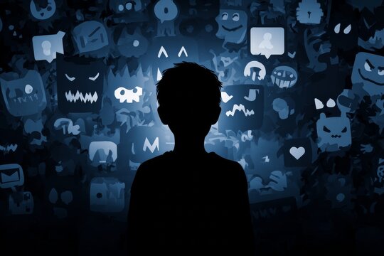 Child Silhouette Stands Alone Amid Aggressive Social Media Icons on Dark Background Showing Impact of Cyberbullying