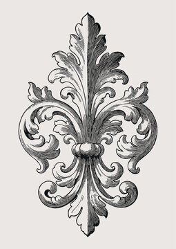 Vintage engraving style vector illustration of fleur du liis with acanthus rolls
