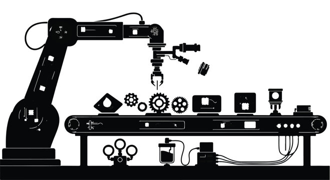 Industrial robotic arm assembling mechanical parts on production line in factory setting with modern manufacturing technology