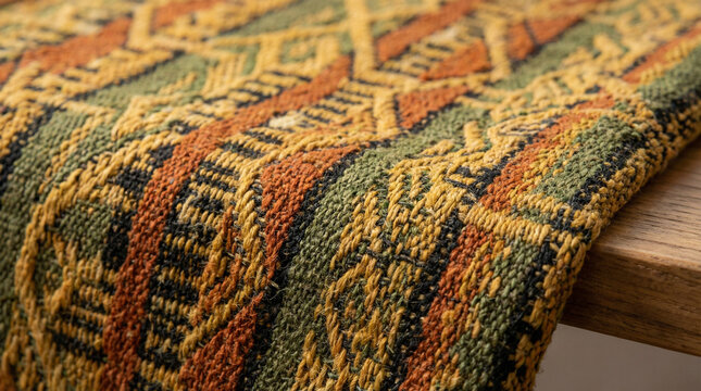 African Kente Cloth Pattern Vibrant Textile Close-Up. Traditional woven fabric geometric design in yellow orange green and black, sharp detail macro photography