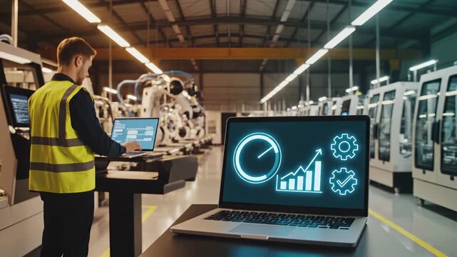 Laptop displays industrial analytics dashboard with performance graphs and gear icons in modern manufacturing facility. Worker monitors production data and automation systems. Smart factory technology