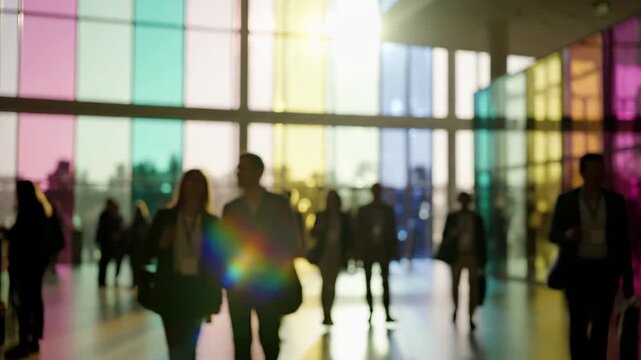 Blurred silhouettes of pedestrians walking through modern interior corridor with colorful glass windows. Abstract crowd in contemporary public space. Urban lifestyle and business commute with bokeh