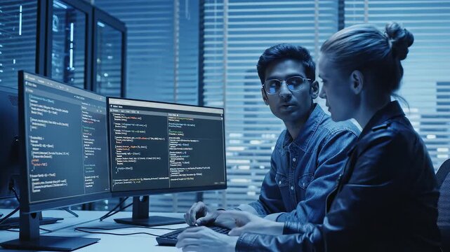 Two people working on computer code