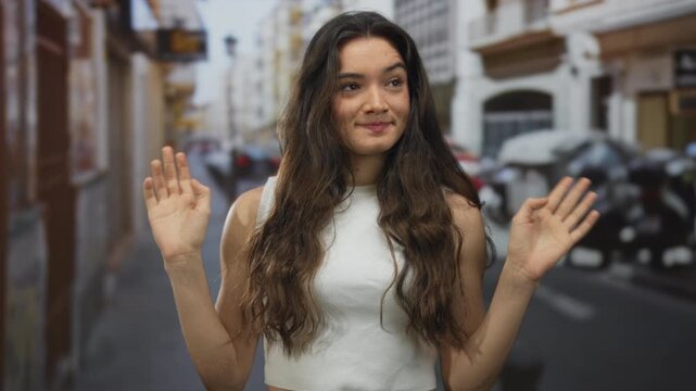 Young hispanic woman in white crop top raises both palms on busy city street under natural light; hesitation.