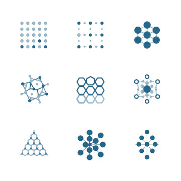 Abstract vector icons for grid computing and scalable node clusters. Modern symbols for distributed AI networks, cloud processing power, and parallel infrastructure visualization.