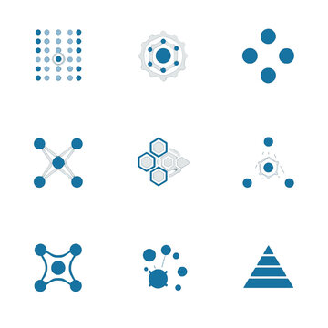 Abstract vector icons for grid computing and scalable node clusters. Modern symbols for distributed AI networks, cloud processing power, and parallel infrastructure visualization.