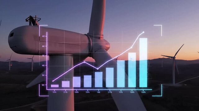 Wind turbines with digital analytics overlay displaying growth chart and statistics. Renewable energy power generation monitoring with data visualization. Sustainable electricity production
