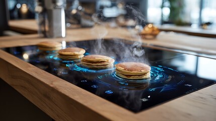 Pancakes cooking on a high tech kitchen island with induction cooktop and blue lights steam rising