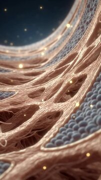 PDRN pink serum droplets and cell signaling for skin elasticity and radiance. 3D vertical video animation.