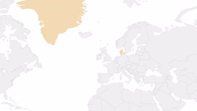 Denmark and Greenland country border on the world map. Animation zoom map in with border and marking of capital cities Denmark and Greenland. Background with alpha channel. Motion design.