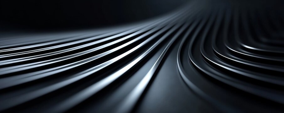 Abstract Metal Ribs Dynamic Curve, Light Play, Futuristic Flow, Depth, Texture, Black and White, 3D Render